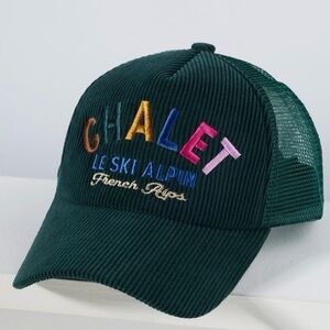 Anthropologie Dark Green Corduroy 'CHALET' Embroidered Trucker Hat NWT